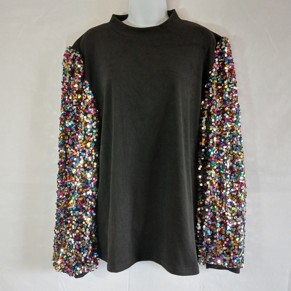 Anna-Kaci Black Mock Neck Top Colorful Sequin Sleeves Sz  XXL Party Blouse Large
